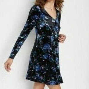 Wild Fable Velvet Floral Long‎ Sleeve Mini Dress Blue Roses Whimsy Goth Romantic